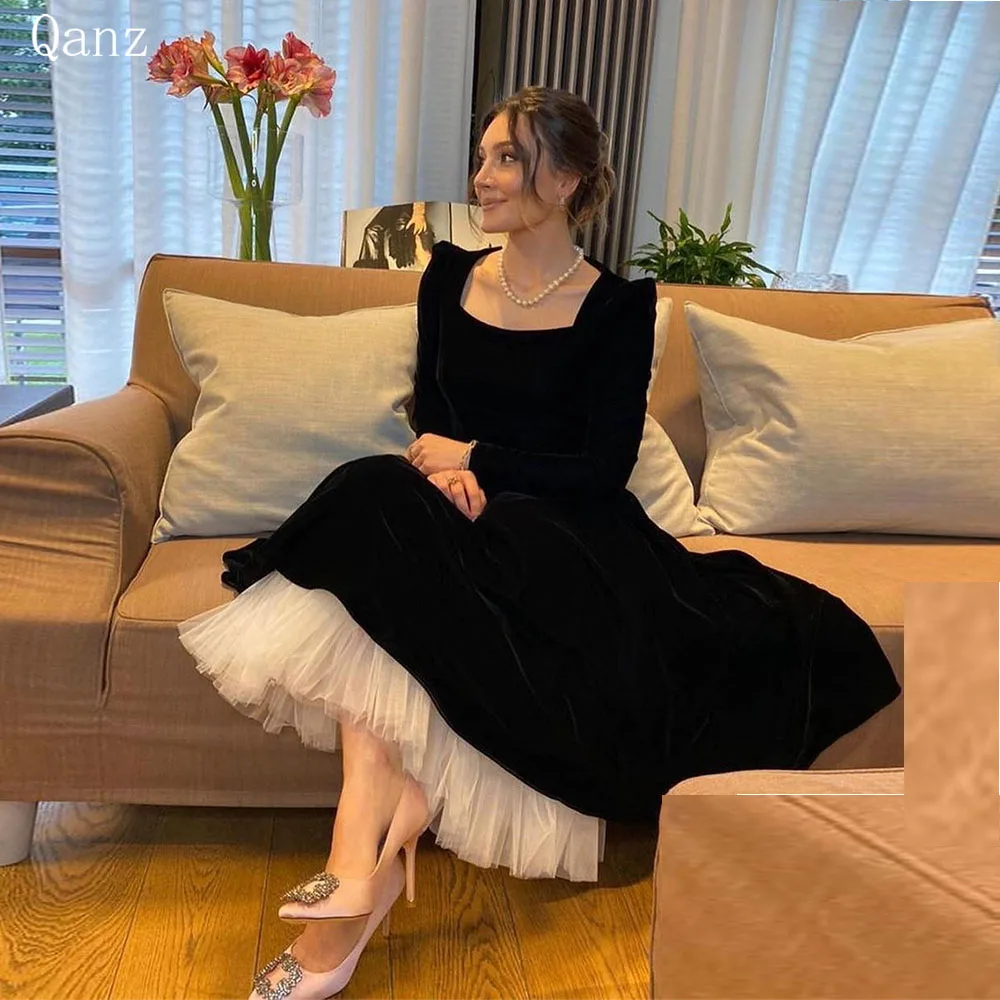 Qanz Saudi Black Velour Evening Dresses A Line Formal Occasion Dresses Ankle Length Long Sleeves Birthday Party Customized