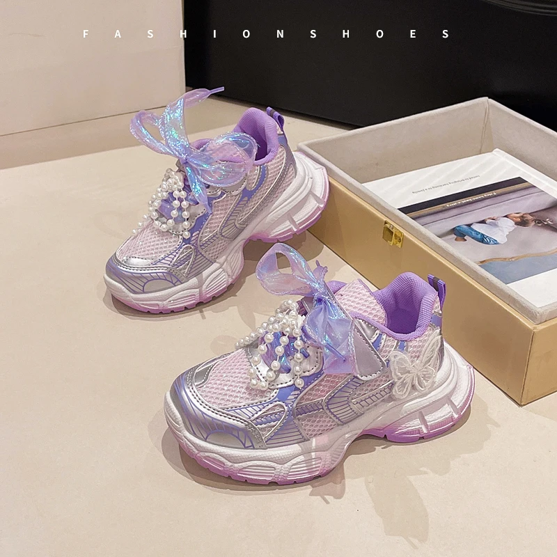 Sepatu Putri Anak Perempuan Sepatu Kets Anak Warna Permen Manis Trendi 2025 Sepatu Lari Anak Musim Semi Musim Gugur Mutiara Bersirkulasi Jaring