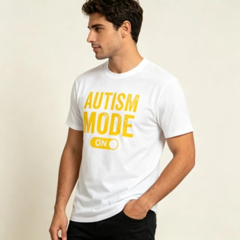 Men Modal  T-Shirt Autism Mode On Switch Print Short Sleeve Crewneck Casual Awareness Tee Black White