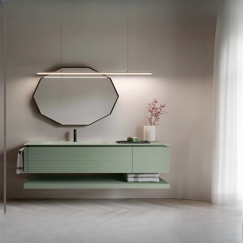 

Green Oak Multi-layer Solid Wood Ceramic Counter Basin Striped Double Drawer Bathroom Cabinet