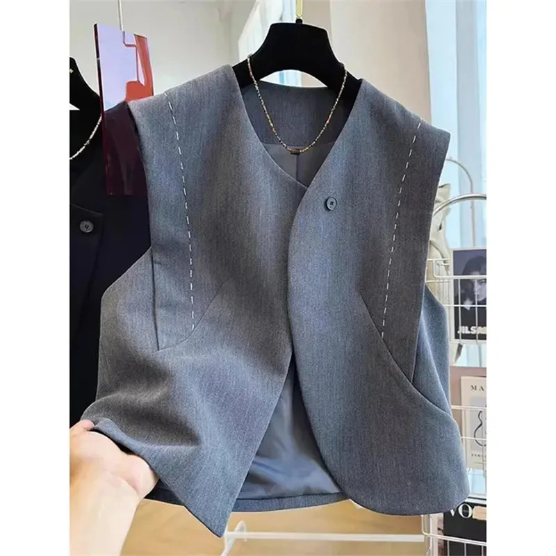 

Кардиган без рукавов 2025, женская одежда, темпераментные жилеты, Ropa Mujer, винтажный корейский жилет, офисные женские однотонные майки, топы