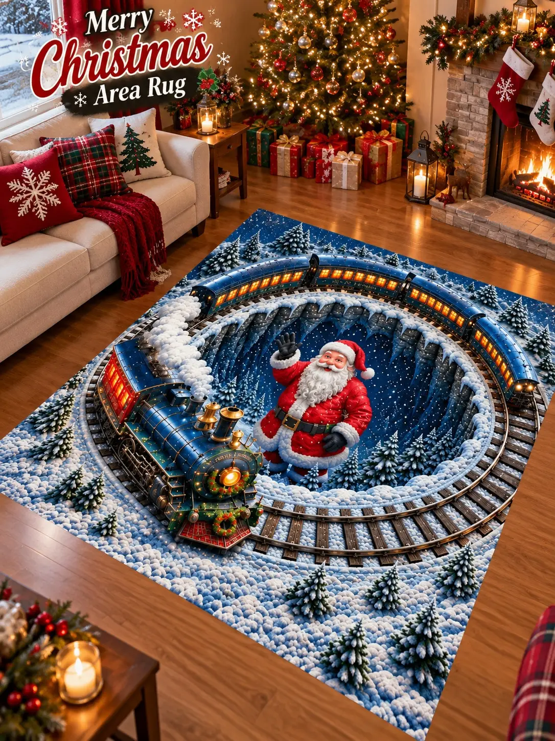Christmas Rug Santa Train Forest Tracks Floor Decor Carpet Living Room Bedroom Dining Area Entryway Apartment Cottage Winter Home Styling Beside Sofa Coffee Table Housewarming Birthday Gift for Family Friends Sisters Neighbors Holiday Celebrations