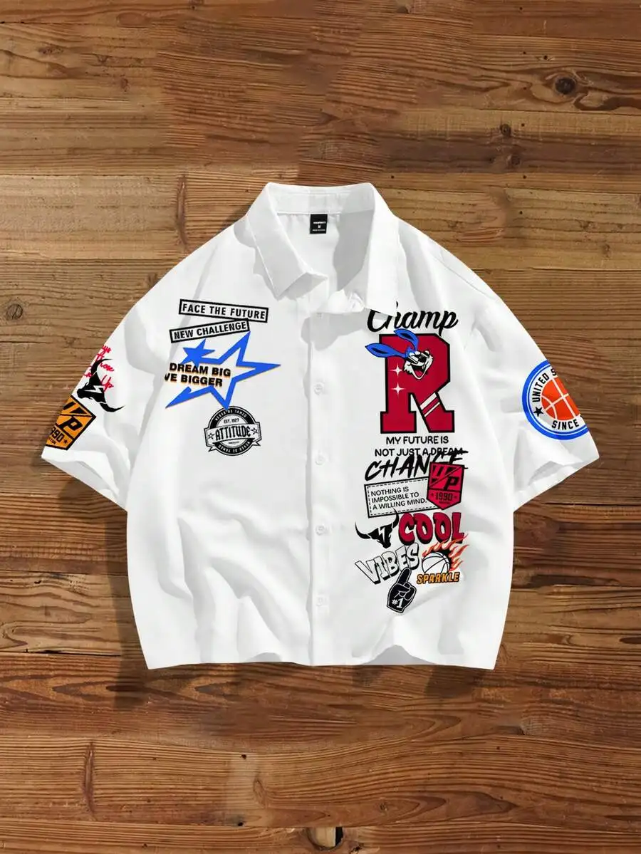

Men's White Casual Short Sleeve Button-Up Shirt with Graphic Slogan Print