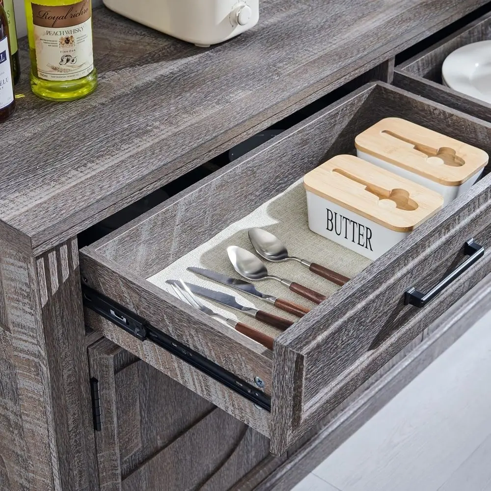 خزانة بوفيه باللون الرمادي الداكن مقاس 55 بوصة مع 3 أبواب ودرجين لتخزين الطعام أو غرفة المعيشة