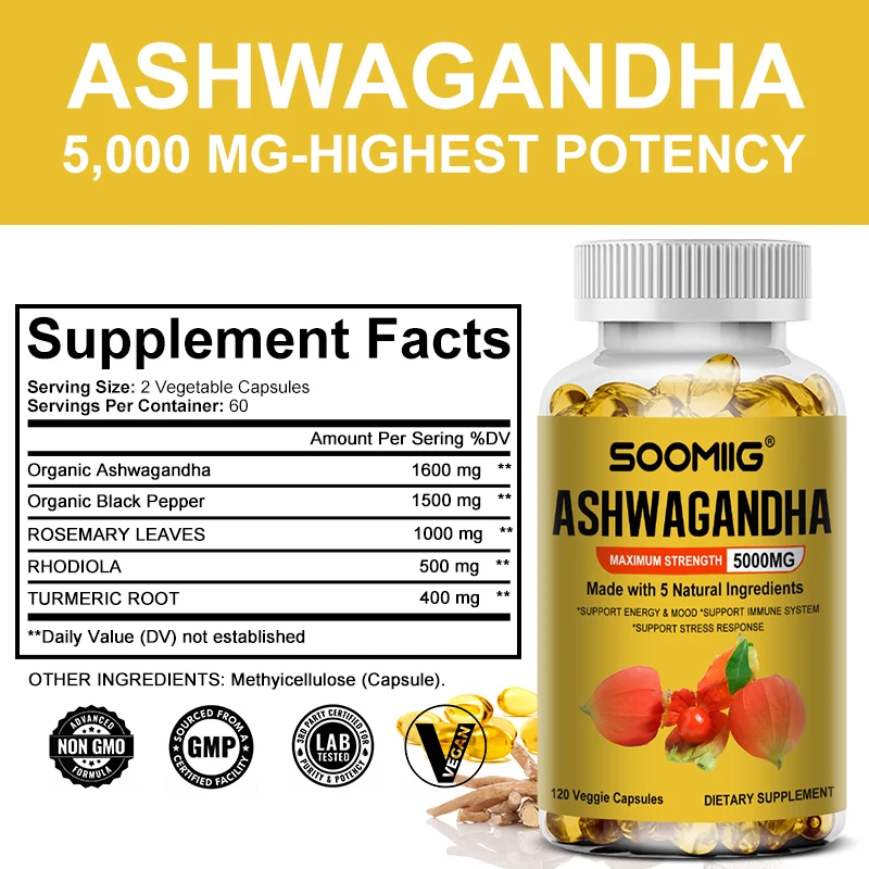 ASHWAGANDHA, ความแข็งแกร่งสูงสุด, 5000 มก., รองรับพลังงานและอารมณ์, ระบบภูมิคุ้มกัน, การตอบสนองความเครียด