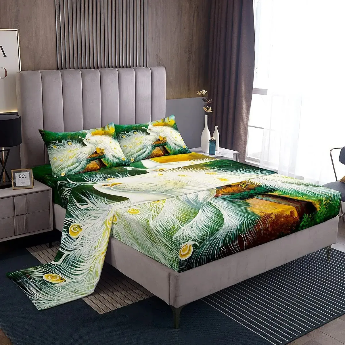 

Peacock Bed Sheet Set Full Size,White Luxury Bird Feather,Fitted Sheet 4Pcs Deep Pocket,Bedding Set Flat Sheet for Teens,Green