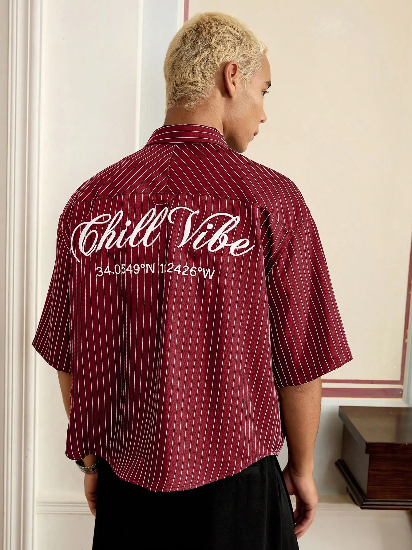 

Men's Red & White Striped Short Sleeve Casual Shirt with Back Embroidery