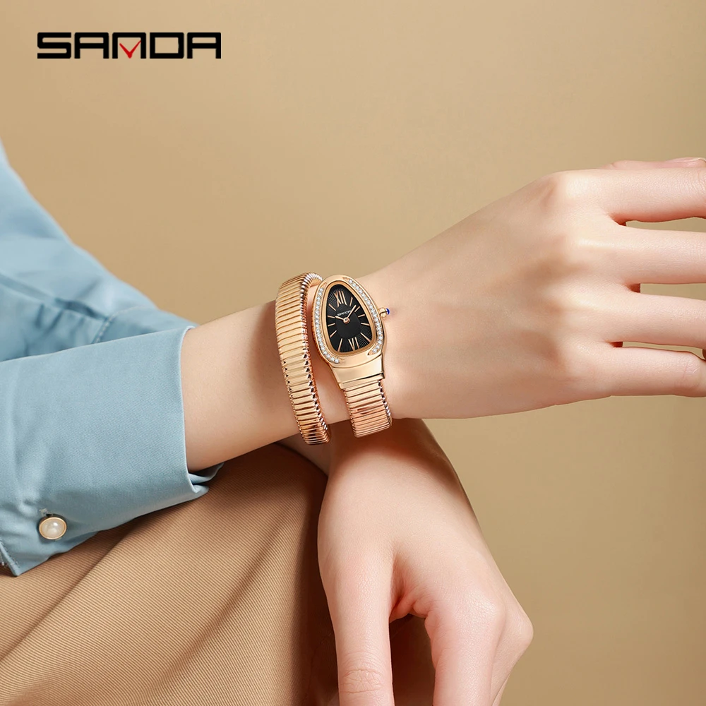 SANDA 1151, reloj de cuarzo a la moda para mujer, reloj de mujer de gama alta con incrustaciones de diamantes serpentinos, reloj de cuarzo de lujo ligero Retro para mujer