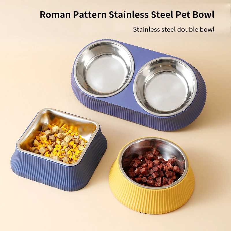 Roman Grain Stainless Steel Cat Bowl Square Round Double Pet Bowls Dog Water Food Feeder Pet Food Kit Kitten Feeding Accessories