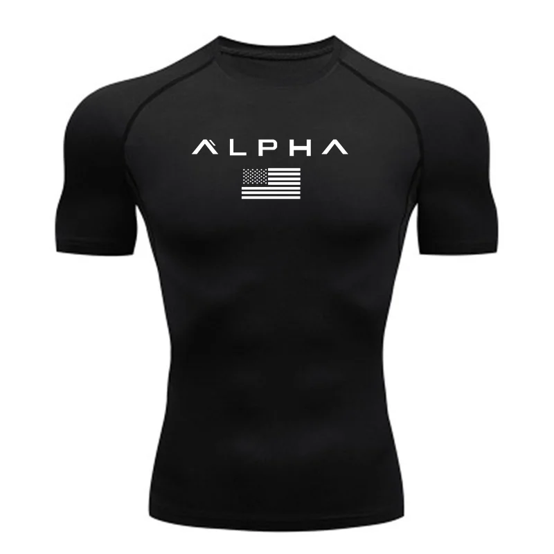 Men's running compression T-shirt, short-sleeved sports gym fitness sweatshirt, jogging alpha top