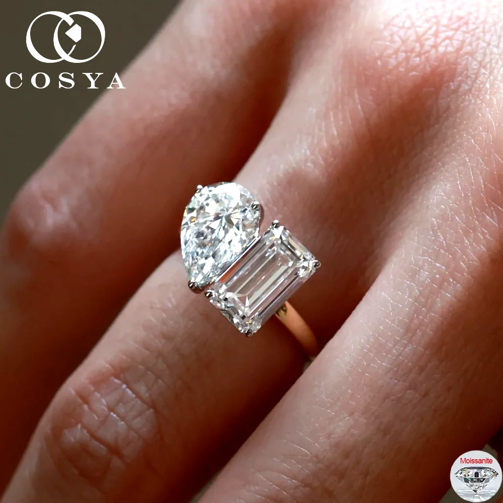 cosya-2-4ct-moissanite-2-stone-ring-100-s925-silver-sparkling-emerald-pear-lab-diamond-wedding-band-for-women-fine-jewelry-gift