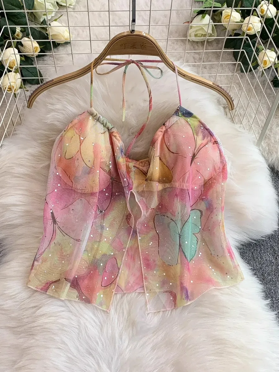 폼리나 니치 섹시 슬릿 홀터탑 & 플라워 프린트 스커트 세트 여성 휴가 신상 시크 메쉬 하이웨이스트 롱 스커트 홀리데이 세트