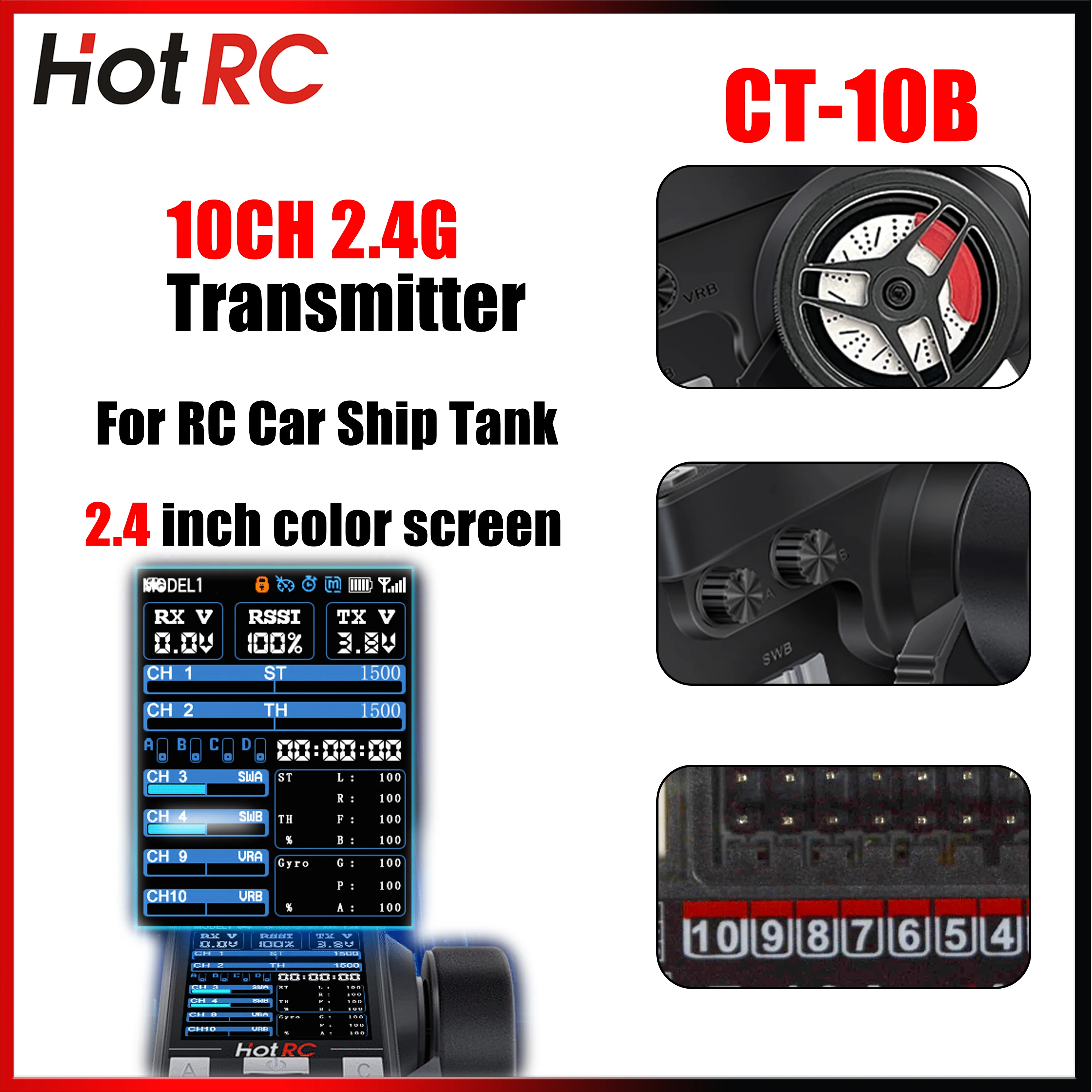 

HOTRC 10CH CT-10B 2,4 ГГц металлический передатчик маховика с приемником F-10A с цветным экраном, пульт дистанционного управления для радиоуправляемого автомобиля, танка, корабля, робота