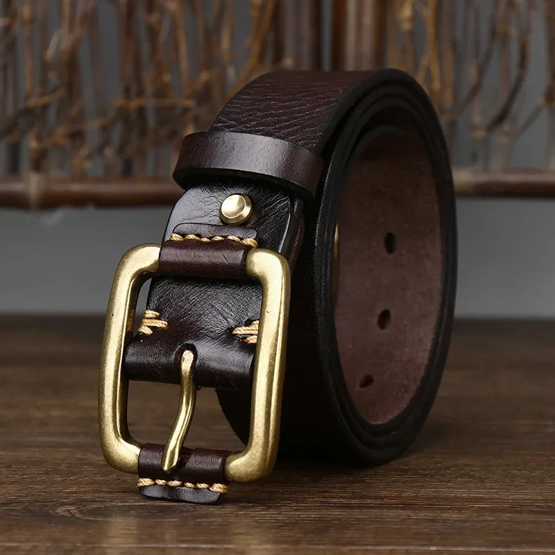 

3.8cm Men's Genuine Leather Belt Personalized Suture Brass Buckle First Layer Leather Distressed Jeans Waist Belts