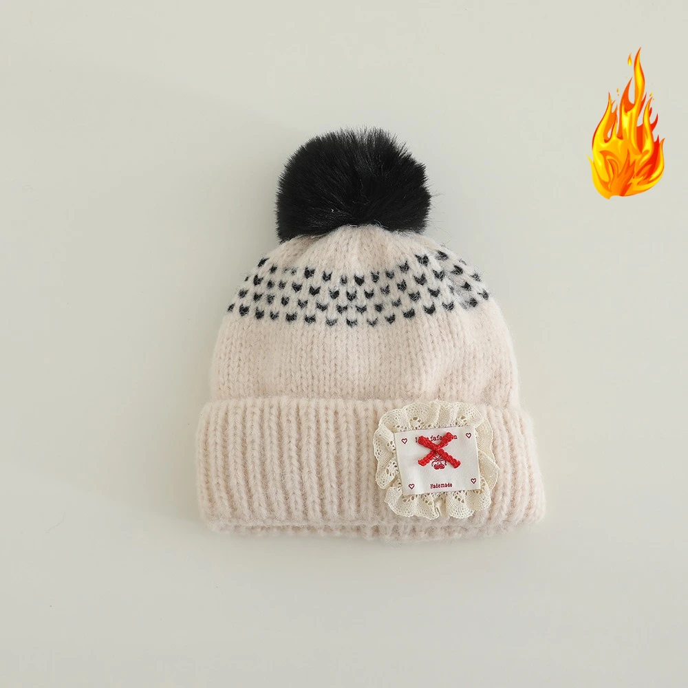 Ragazze Autunno Inverno Cappello di lana lavorato a maglia 50-54 cm Ragazzi Caldo Addensare Berretto antivento Bambini Cappelli con fiocco in pizzo a prova di freddo Moda per bambini CuteCap
