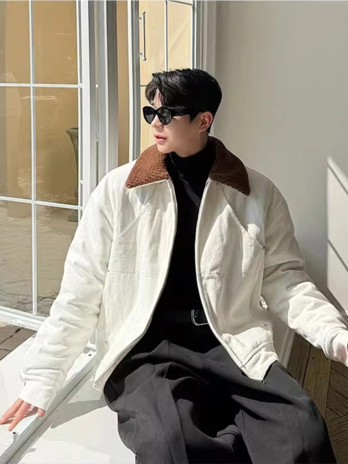 

Autumn Winter Waed Denim Color Blo Collar Design Lamb Fur Cotton Men's Loose Jaet Outerwear Casual Faion Sle