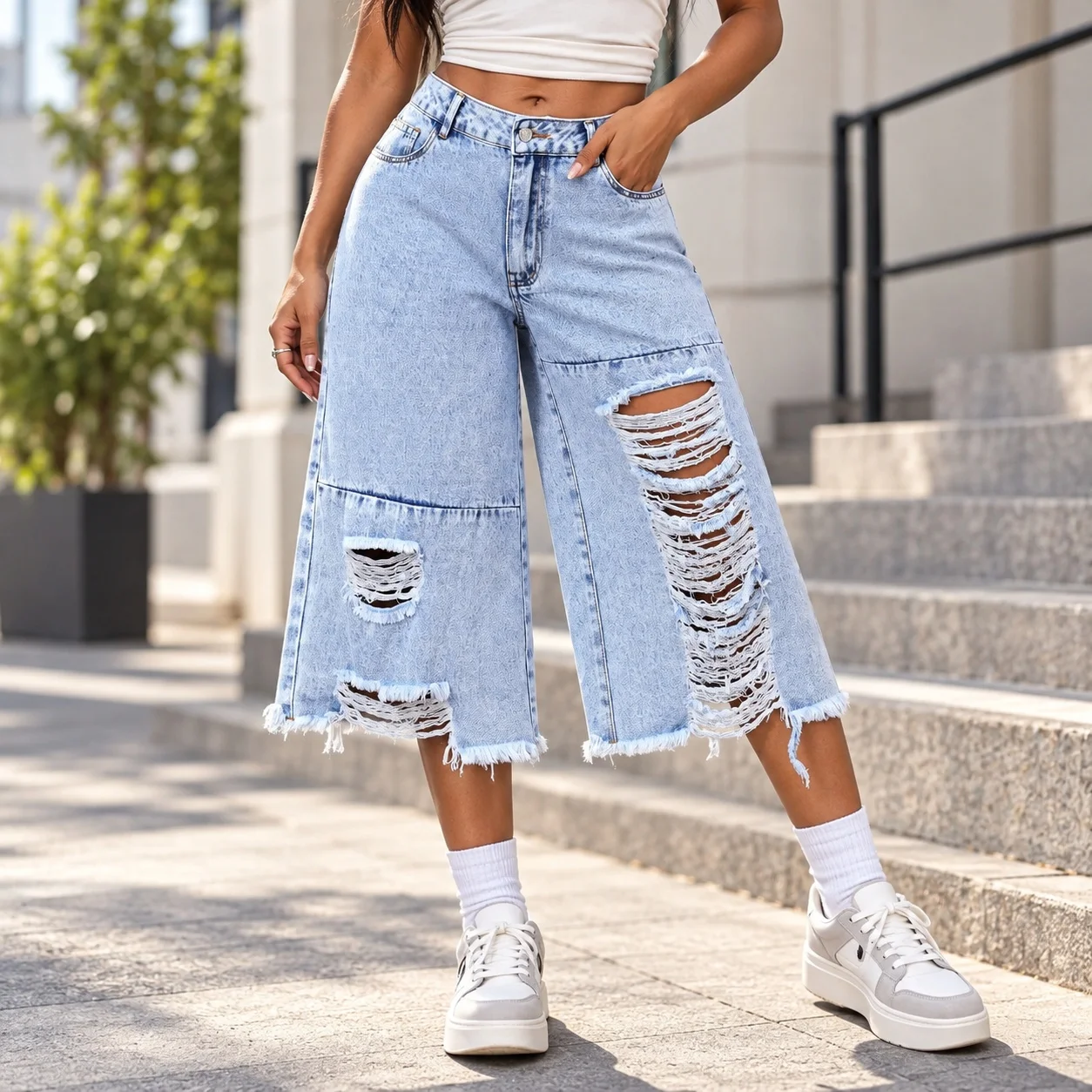 Casual Distressed Pants Loose Fit Low Rise American and European Style with Streetwear Cropped Jeans Wide Leg Summer Women Pants