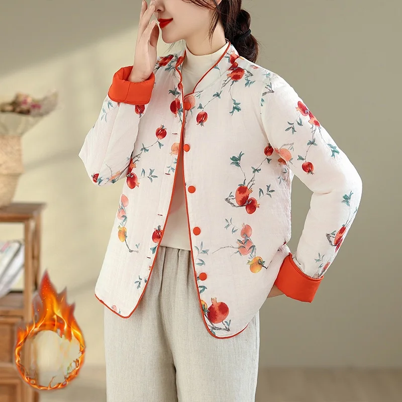 

High-End Cotton Linen Ethnic Sle Large Size Cotton Coat round Ne Buttoned Fem Cottonwear Small Cotton Padded Jaet