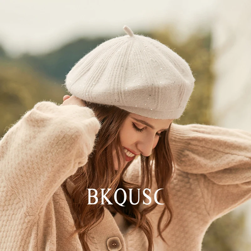 Velvet Knitted Women\'s Beret Hats Painter Caps Female Hairy Woolen Hat Elegant Ladies Soft Velvet Warm Solid Color Knitted Beret