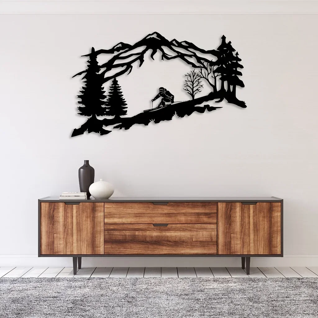Mountain And Trees Themed Wall Art Metal Wall Decor, Metal Skier Wall Art, Ski Lover Gift Home Decor metal wall hanging