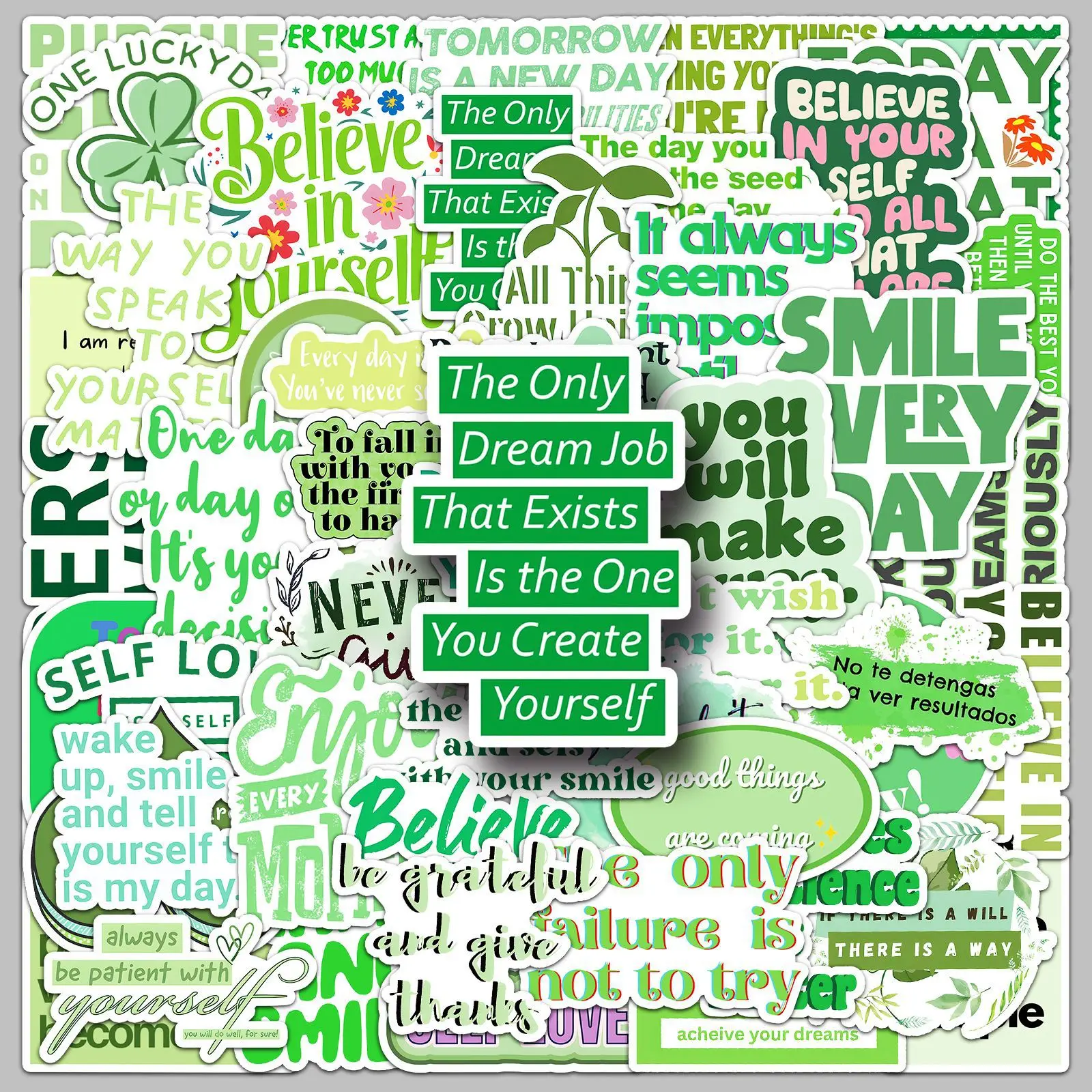 10/50 SZTUK Zielone Inspirujące Angielskie Krótkie Napisy Naklejki Graffiti Wodoodporne Naklejki DIY na Kubek na Wodę, Obudowę Telefonu Komórkowego