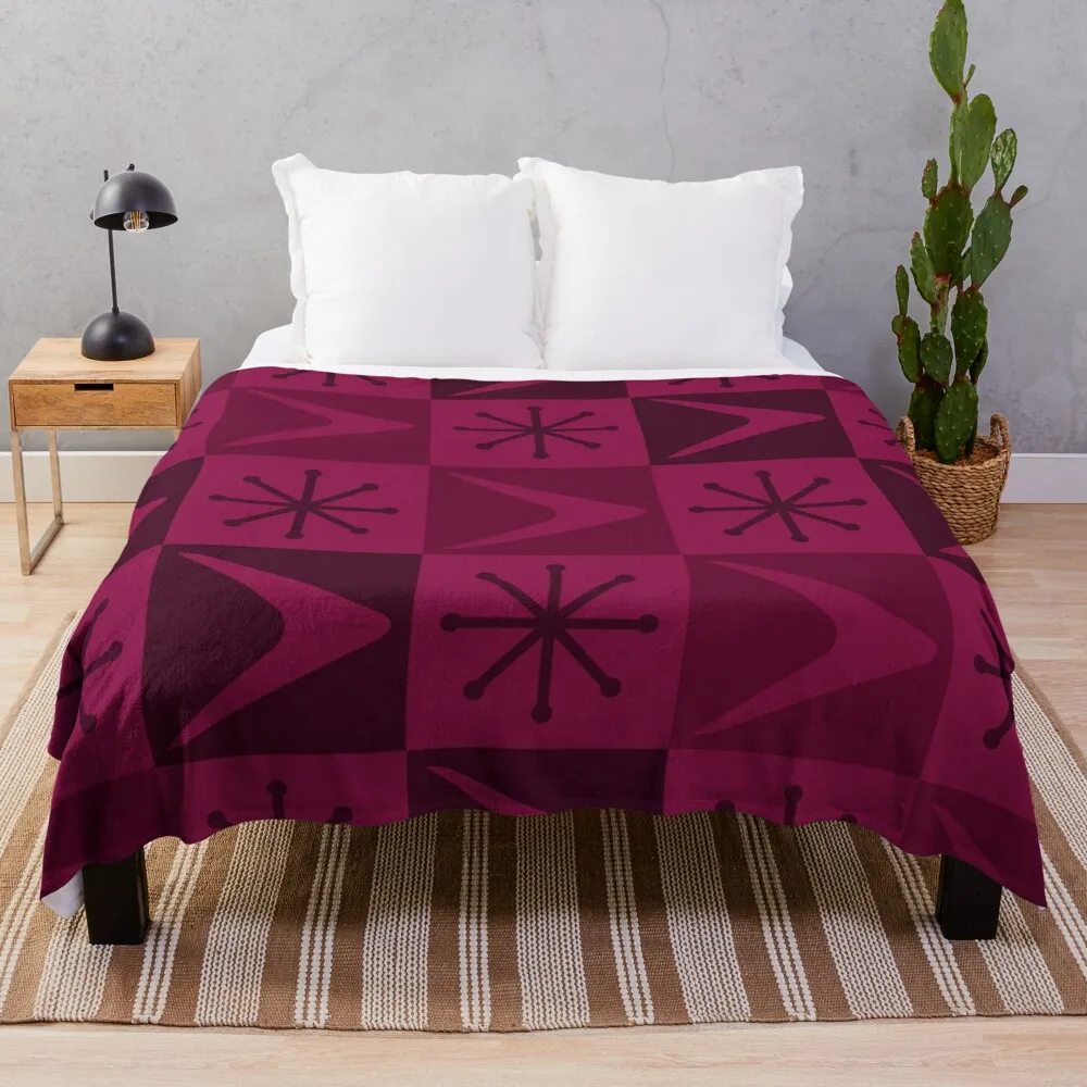 

Atomic Age Checkered Boomerangs Dark Red Throw Blanket Bed Tourist Blankets