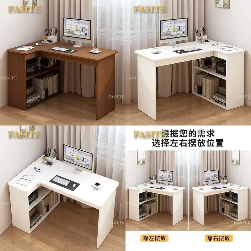 For T-shaped Desk with Bookshelf Integrated Computer Table Simple Corner Study Desk for Bedroom Student Home Office Space