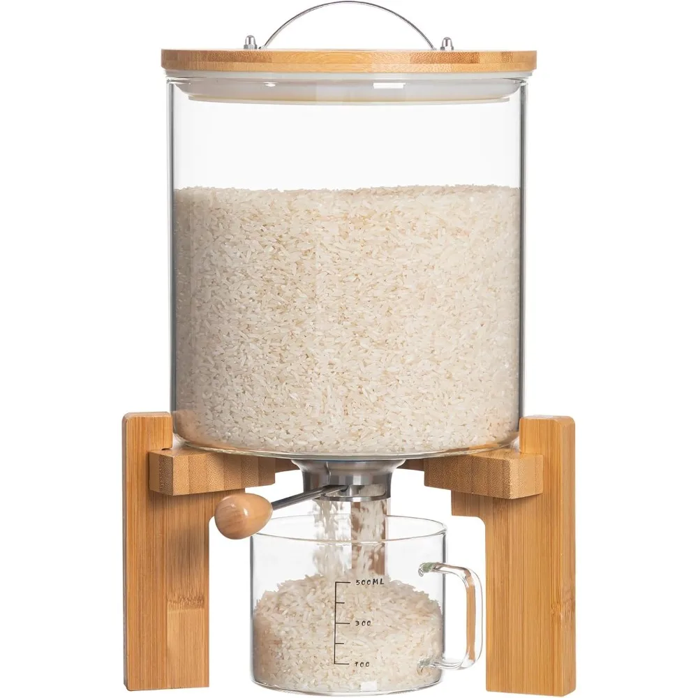 

Glass Rice Dispenser with Wooden Stand Flour and Cereal Container with Glass Measuring Cup Pantry Food Organization Storage Bin