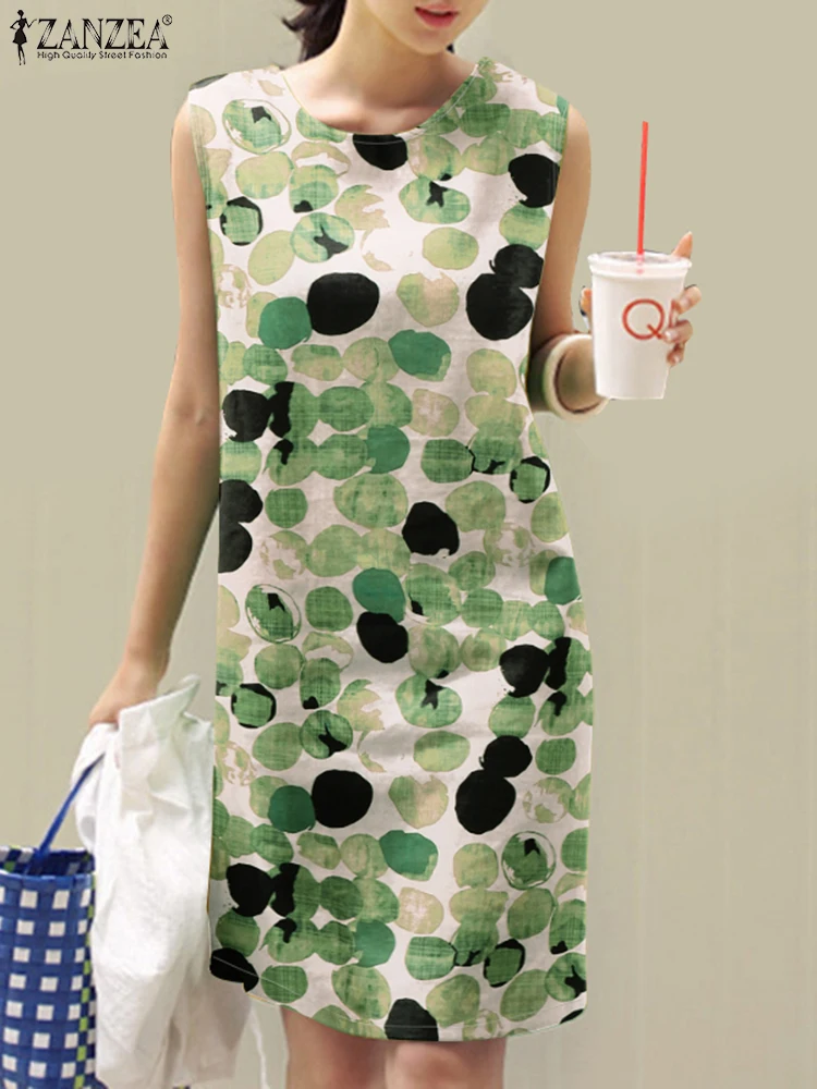 2025 ZANZEA 夏ノースリーブ花柄サンドレス女性ボヘミアンビーチ膝丈ドレスカジュアルホリデー Vestidos ローブファム