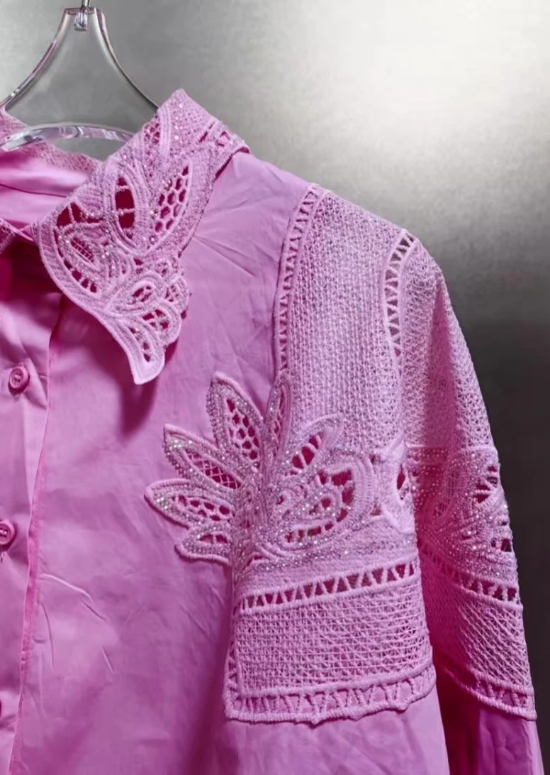 

Real Photo Luxury Design Bling Diamonds 100% Cotton Pink Shirts Blouses For Women's Long Sleeve Sweet Tops Woman Clothing