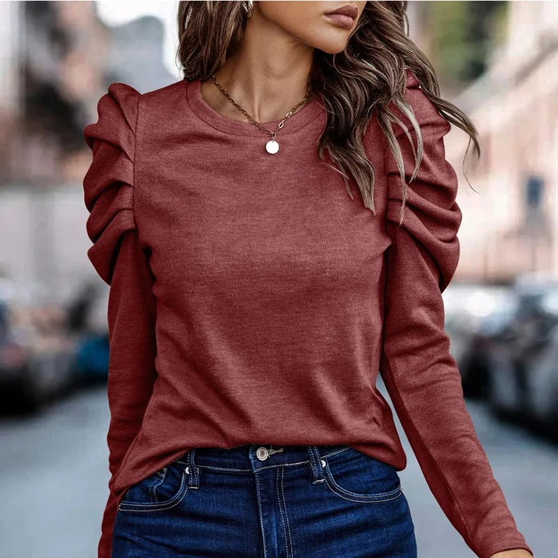 Women Autumn Long Sleeve T-Shirts O Neck Ruff Sleeve Solid Office Tops Female Casual Loose Shirts For Women Casual Tee