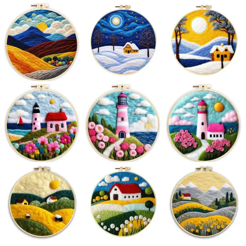 

RUOPOTY Mountain Pattern Diy Needle Felting Kit Wool Felt Painting Landscape Handmade Diy Crafts With Embroidery Hoop Creative G