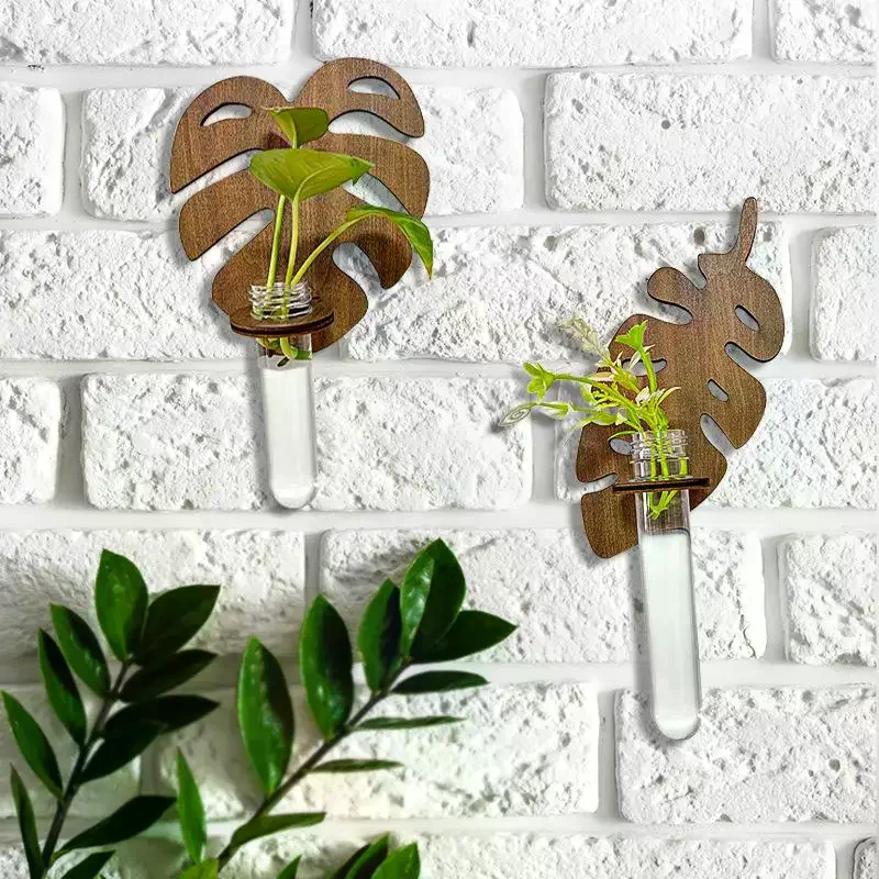 Leaf Shape Wooden Wall Hanging Planter Monstera Hydroponic Test Tube Vase Indoor Propagation Station For Home Decoration