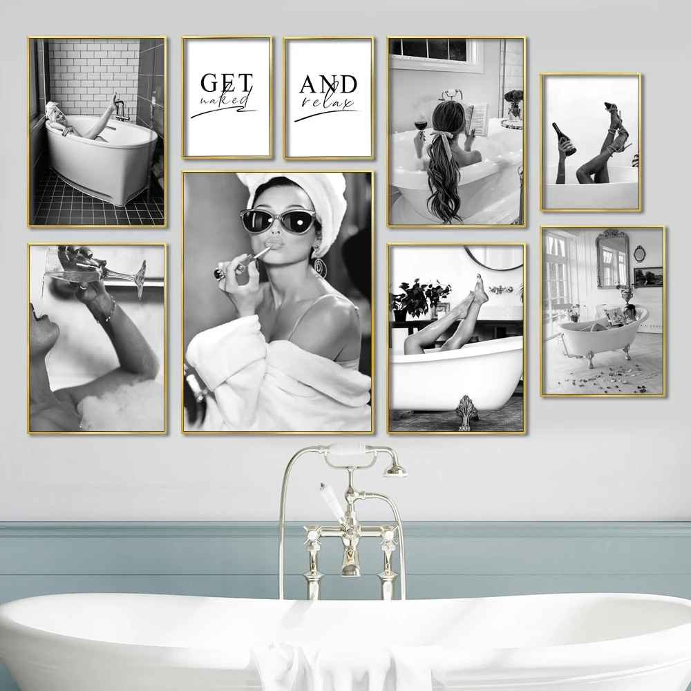 Zwart-witte vrouw die wijn drinkt, krijg naakt Poster Wall Art Sexy Girl Decoratieve schilderijen Canvas Foto's Badkamer Home Decor