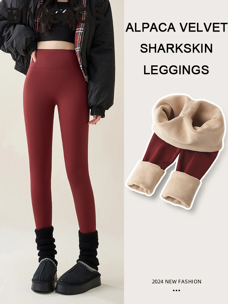 BIVIGAOS 2024 Herbst Winter Neue Rot Warme Haifischhaut Fleece Leggings Frauen Samt Verdicken Hohe Taille Abnehmen Sexy Mode Legging