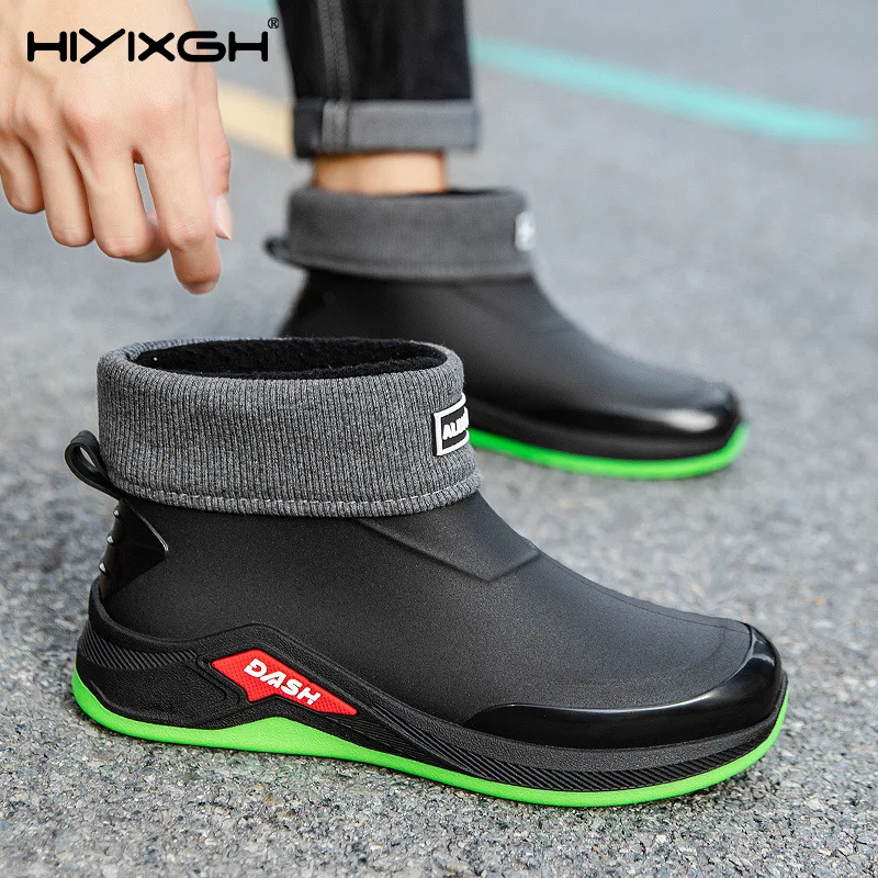 Rain shoes men's new bunched mouth rainproof waterproof shoes short tube fashion rain boots padded cotton work shoes