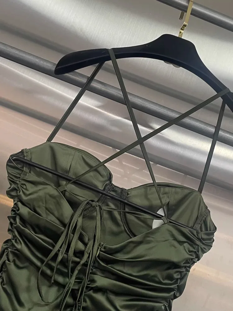 DFDG Dames Lente Zomer Olijf Satijn Ruches Cami-jurk Mini Bodycon Party Clubwear 2025, Trendy Vrouwelijke Mode Outfit Jurk