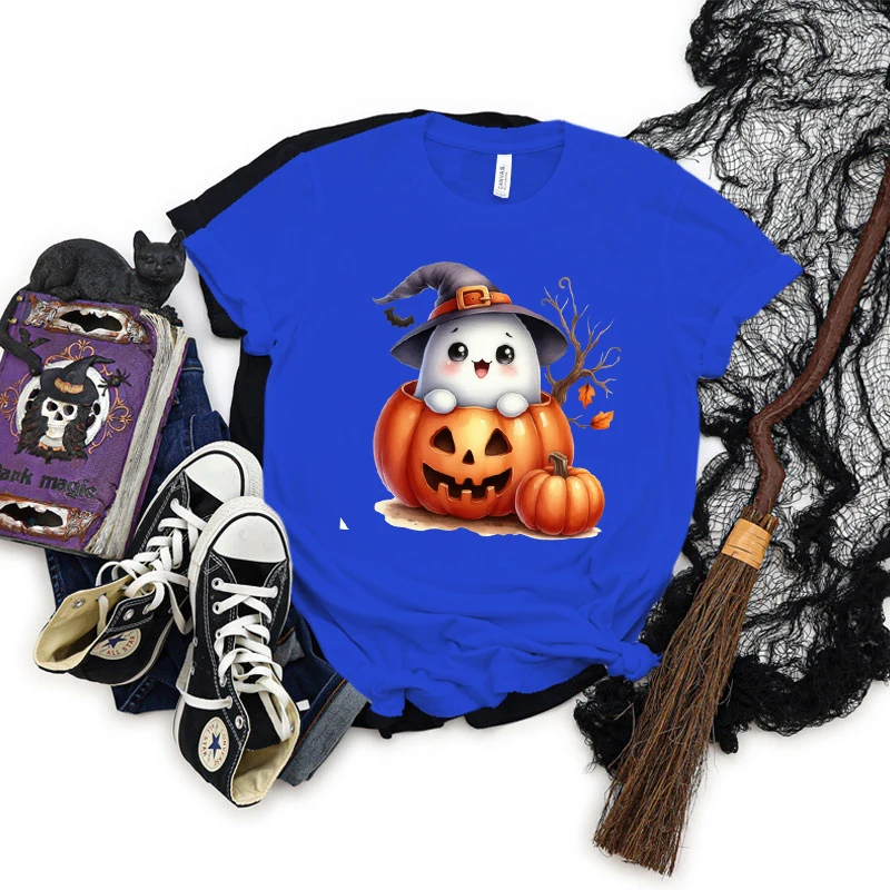 Camiseta divertida de manga corta para Halloween para mujer, camiseta gráfica de fantasma de calabaza, camisa de regalo de fantasma lindo, Tops clásicos de terror de Halloween Retro