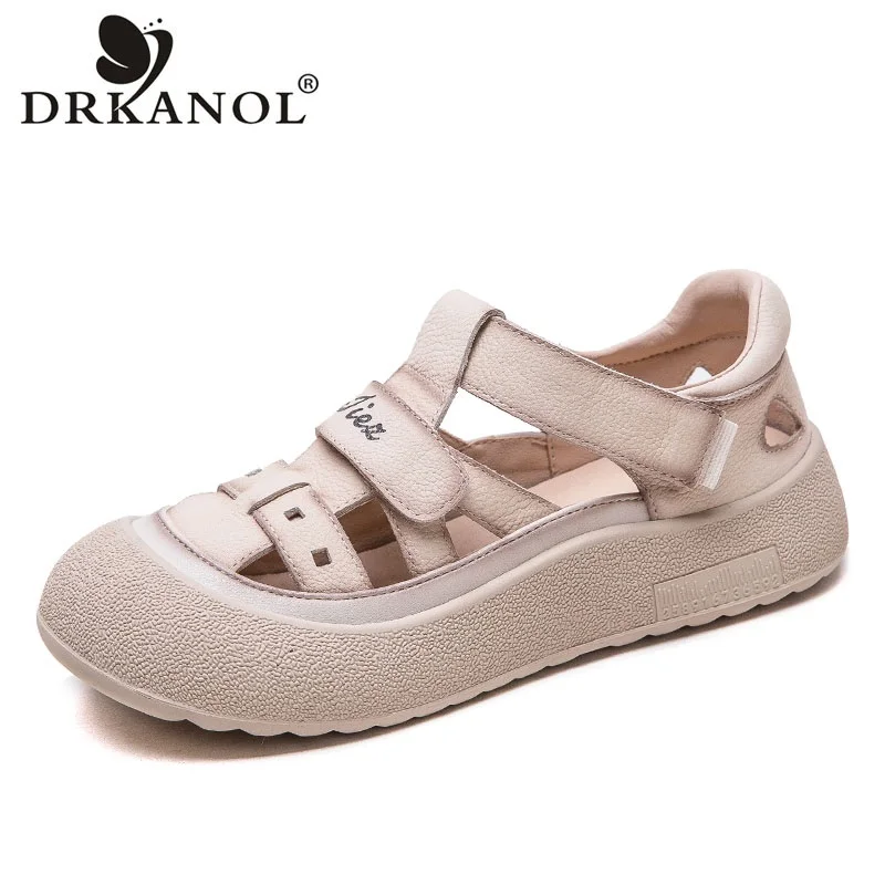 

DRKANOL/2020 летние сандалии на платформе, женские дышащие повседневные сандалии из натуральной кожи на плоской подошве, трендовые женские туфли с круглым носком
