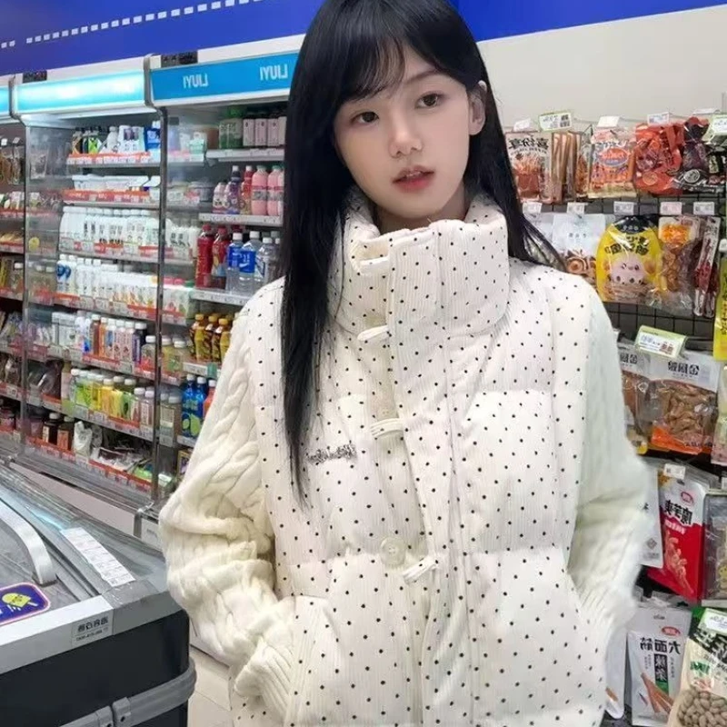 Japanese Sweet Preppy Style Small Fellow Parkas Polka Dot Patchwork Twist Coats Slim All-match Moda Age Reduction