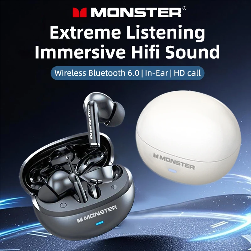 Monster MQT39 سماعة لاسلكية تعمل بالبلوتوث 6.0 سماعات TWS Hifi سماعات رأس ستيريو للحد من الضوضاء سماعات أذن للألعاب سماعة رأس رياضية مع ميكروفون