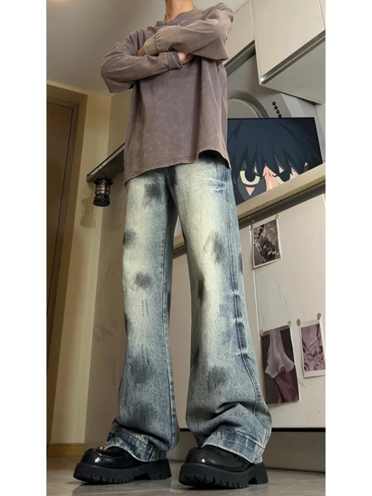 

American High Street Vintage Jeans Men Spring Autumn Desert Style Straight Leg Micro Flare Long Pants Worn out Cool Durable