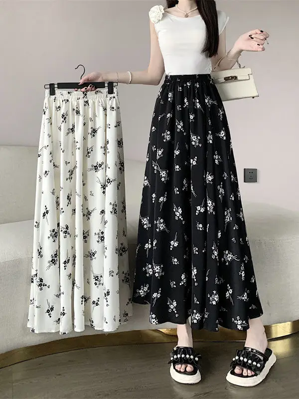 Chiffon Floral Skirt Female Summer High-waisted Mid-length A-line Skirt 2024 New Slimming Umbrella Skirt Women's Clothing