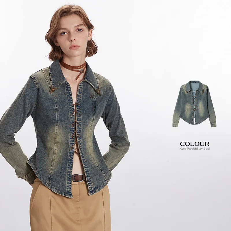 

Yapher Women's Vintage Cross-Tie Long Sleeve Denim Shirt Washed Cropped Casual Overshirt for Spring and Fall Chic Street Blouse