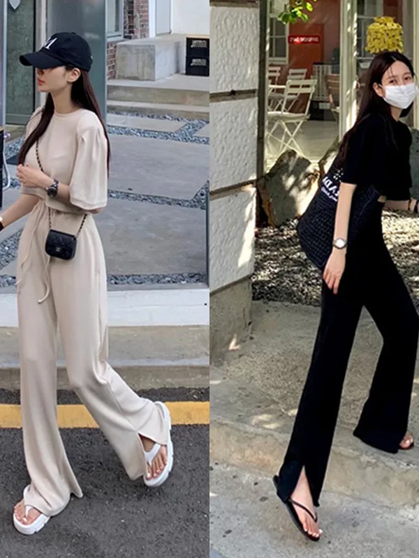 South korea Ins Elegant Retro Stretch Handsome Lines Loose Slimming Crop T-shirt Casual Pants Set Two-piece Set