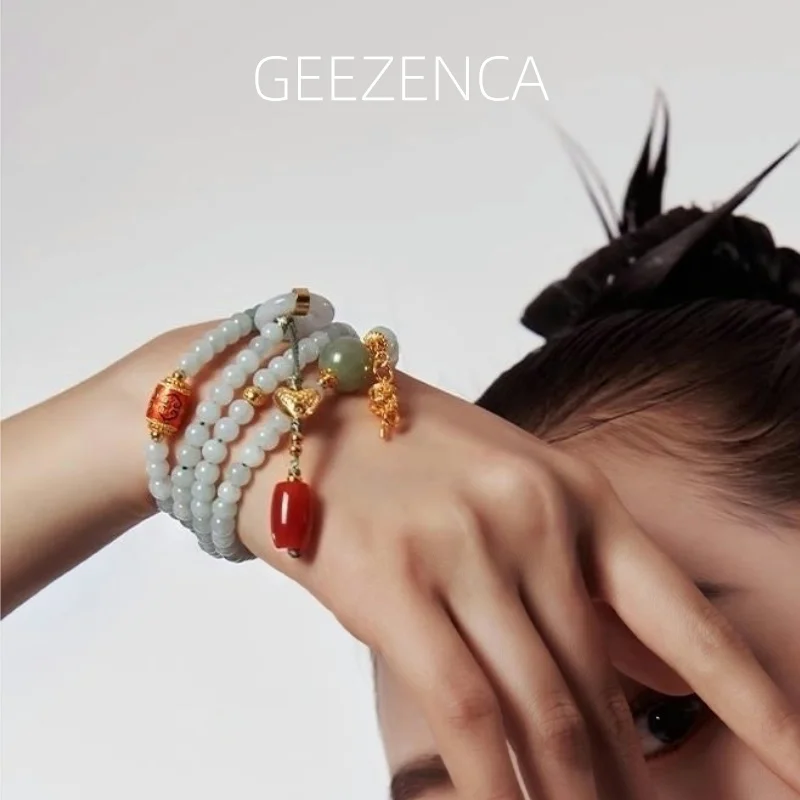 GEEZENCA Natural Jadeite Agate 925 Silver Multi Loops Beaded Bracelet For Women Luxury Firm Elastic Rope Beads Bracelets Gift