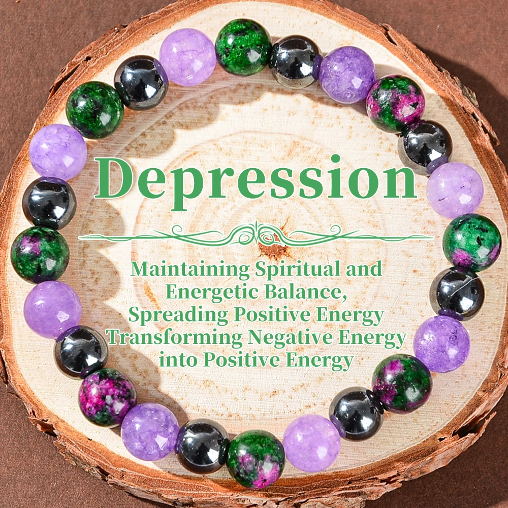 1 pieza de pulsera curativa de la depresión, hecha de piedra natural incluida piedra verde flor y mica morada