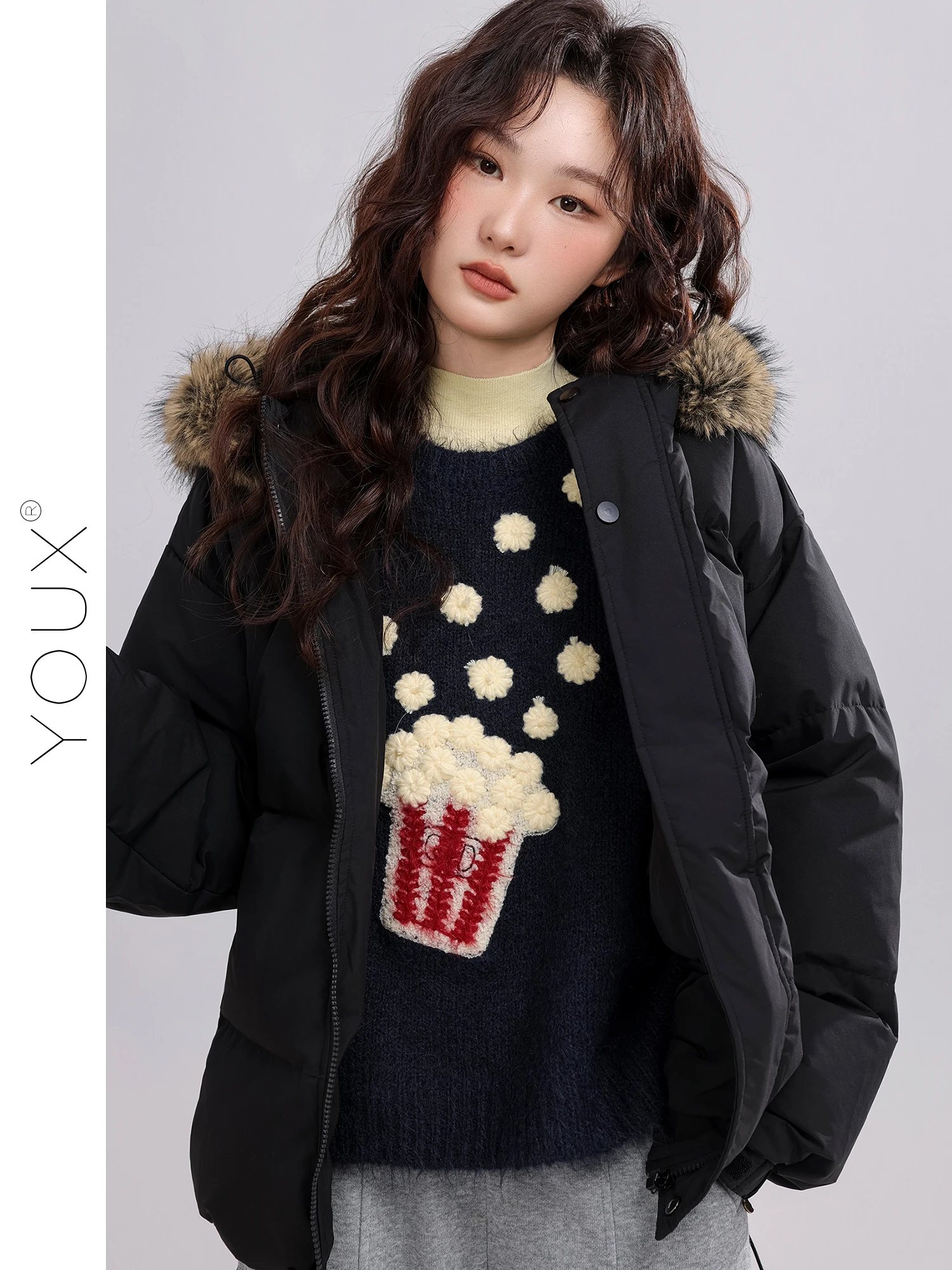 

Yuxiang Retro Sle Bla Fur Collar Bread ape down Jaet Women's Winter Coat Warm Thiened Polyester Fiber Long Sve
