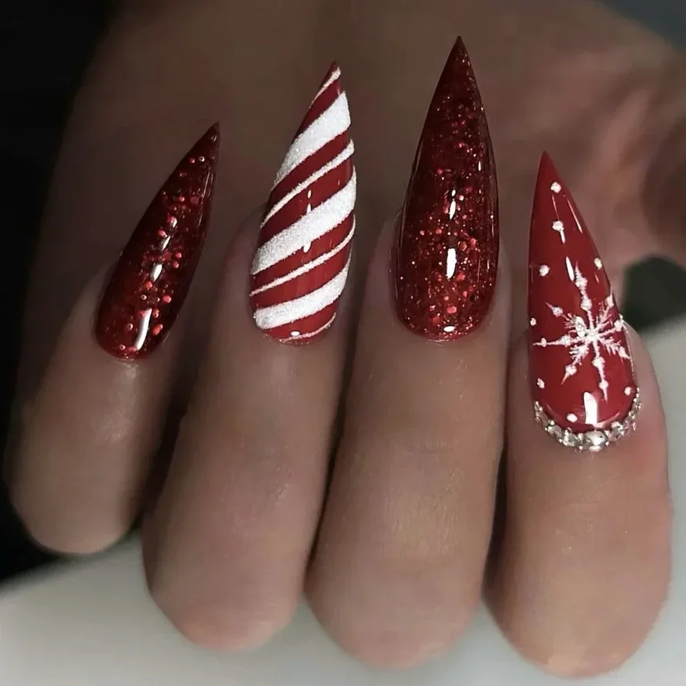 Winter Snowflake Rhinestone Red Glitter Powder Almond Fake Nail Art Christmas Pointed False Nails Charms Stiletto Press on Nails