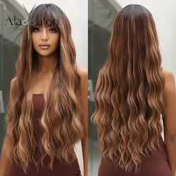 ALAN EATON Honey Brown Highlight Synthetic Wigs for Black Women Long Wavy Wigs with Bangs Cosplay Colored Hair Heat Resistant